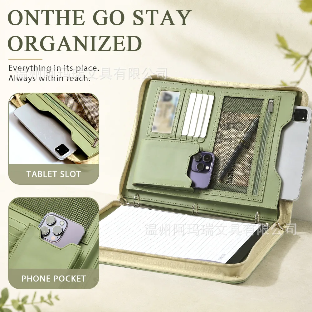 A4 Zipper Portfolio Binder with Embossed Cover 3 Ring Document Organizer Card Slots and Mesh Pocket for Business Office and