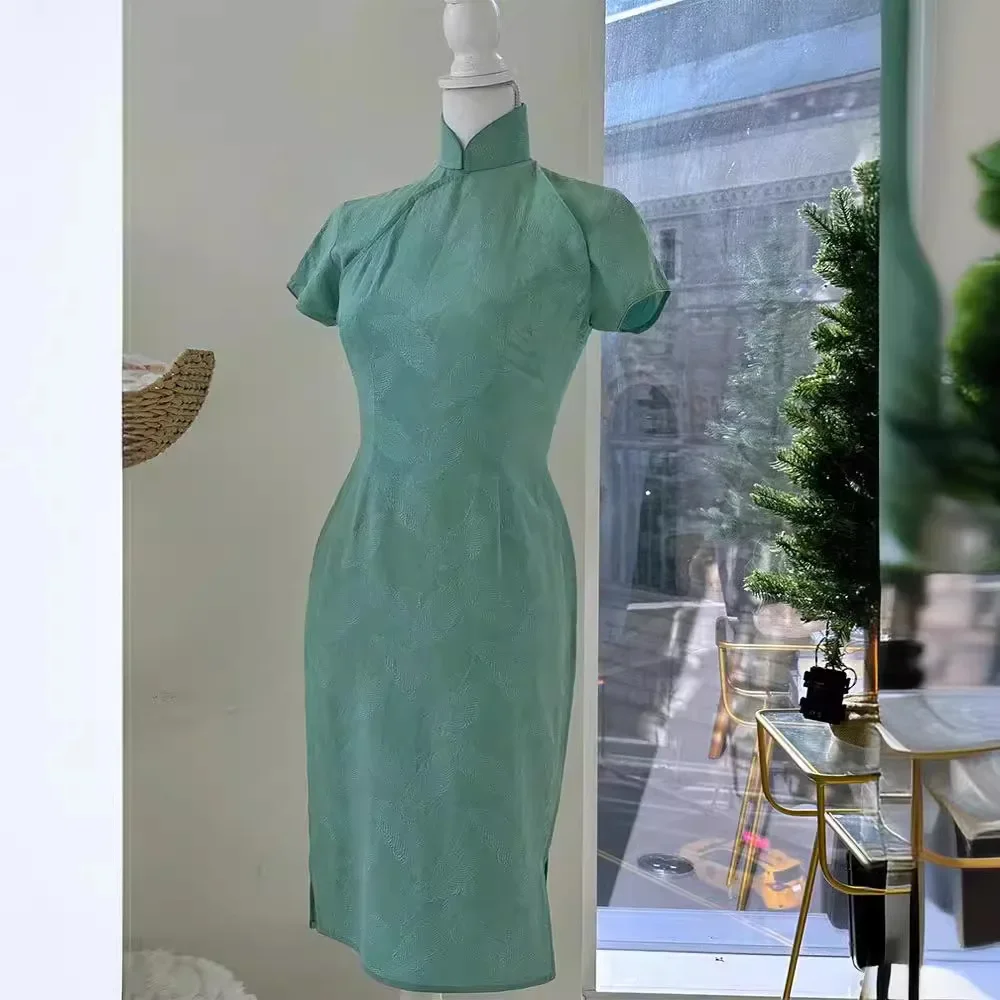 Elegant French Style Chinese Dress Reformulated By FuJia Small Thousand Gold Tea Pause Collar Green Dress For Women Spring Summe