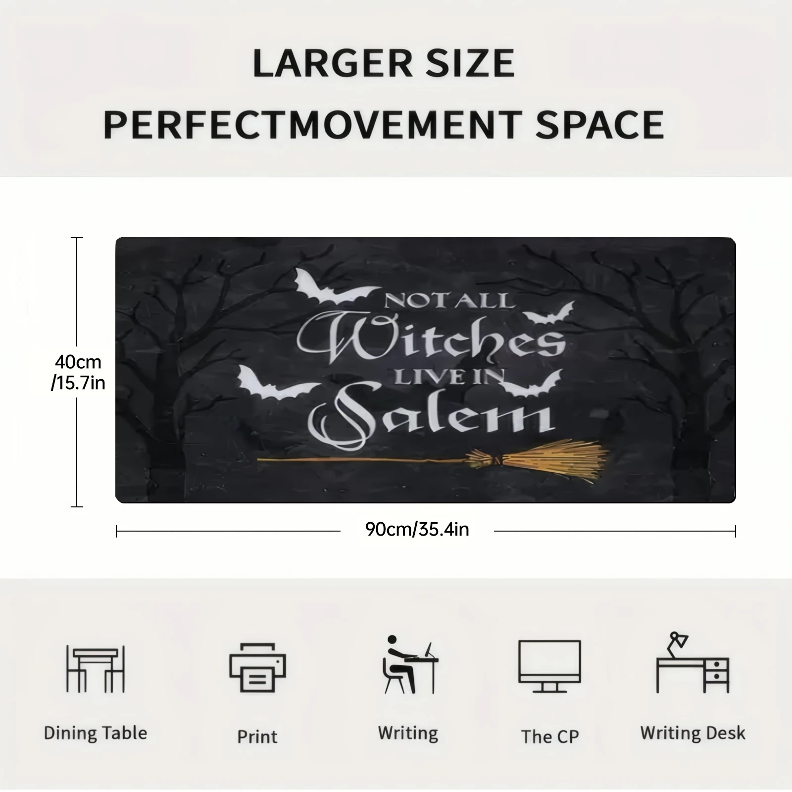 Witches Live in Salem Halloween Desk Mat Large Rubber Gaming Mouse Pad with Bats and Broom