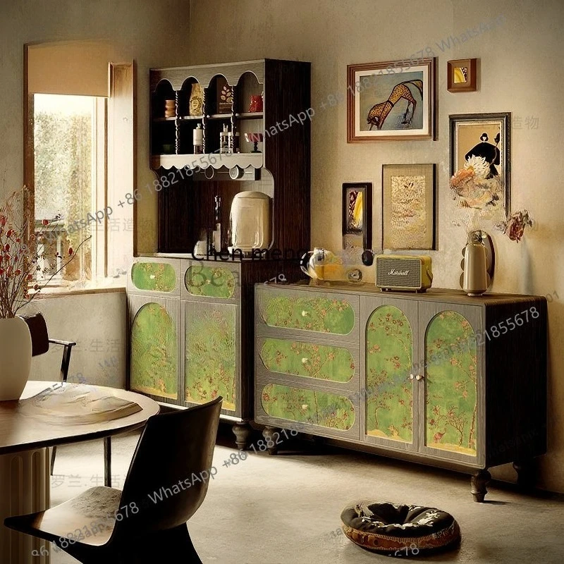 

French green retro solid wood dining side cabinet, living room flower and bird tea storage decorative cabinet