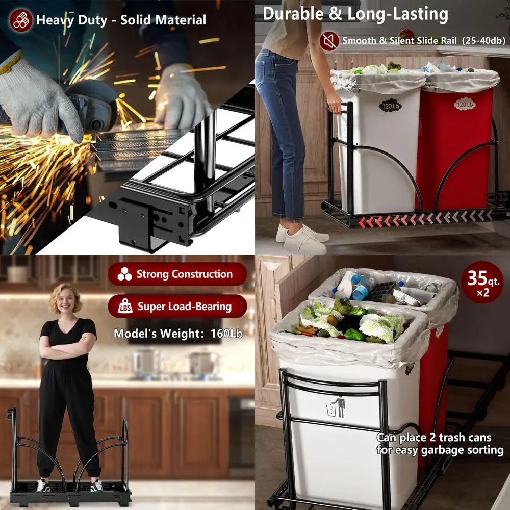 

Pull-Out Dual Trash Bin, Heavy Duty, Fits 2x35Qt Cans, Cabinet Mount, Black