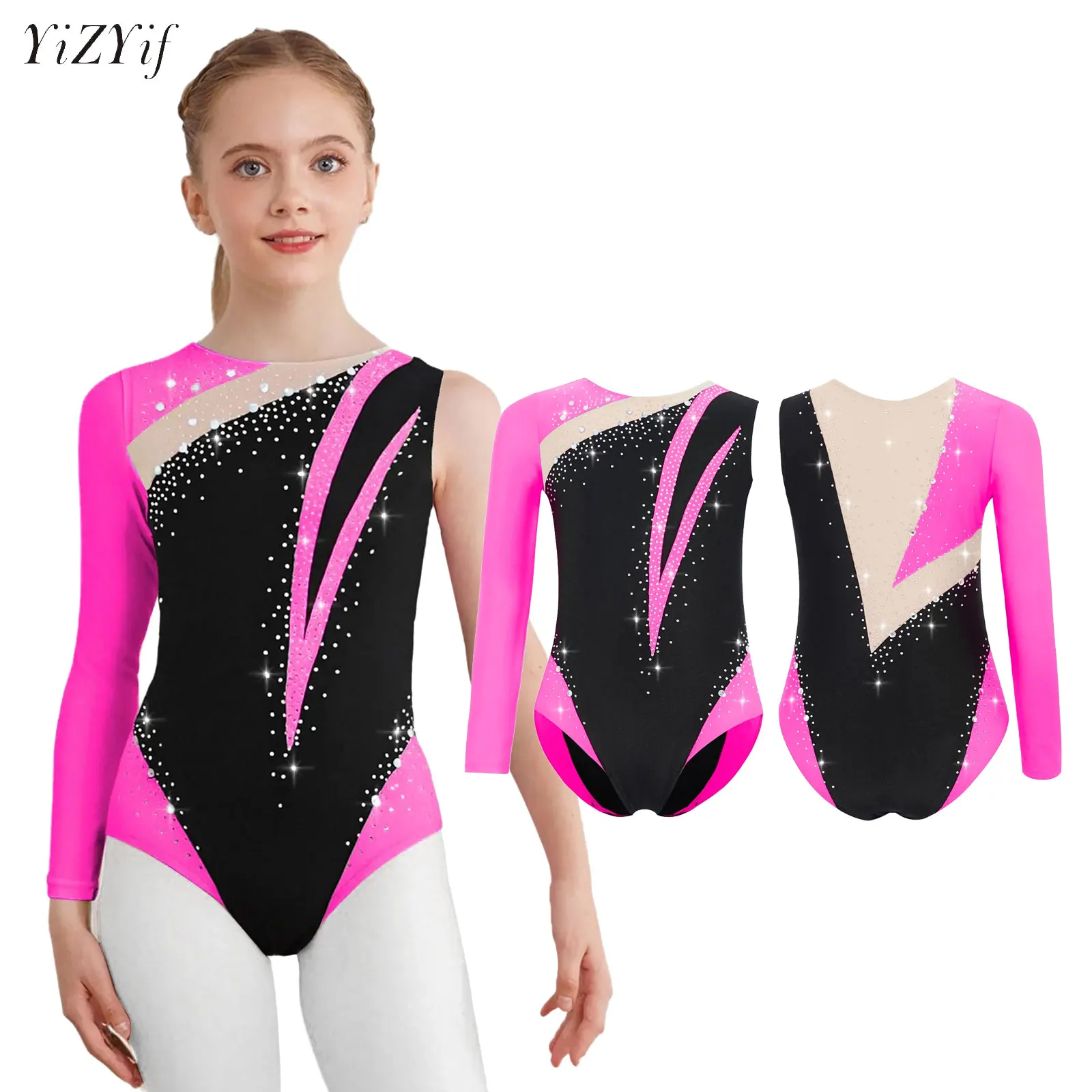 

Children Rhythmic Gymnastics Bodysuit Jumpsuit for Girls Kids Shiny Skating Teens Color Block Asymmetrical Ballet Dance Leotards