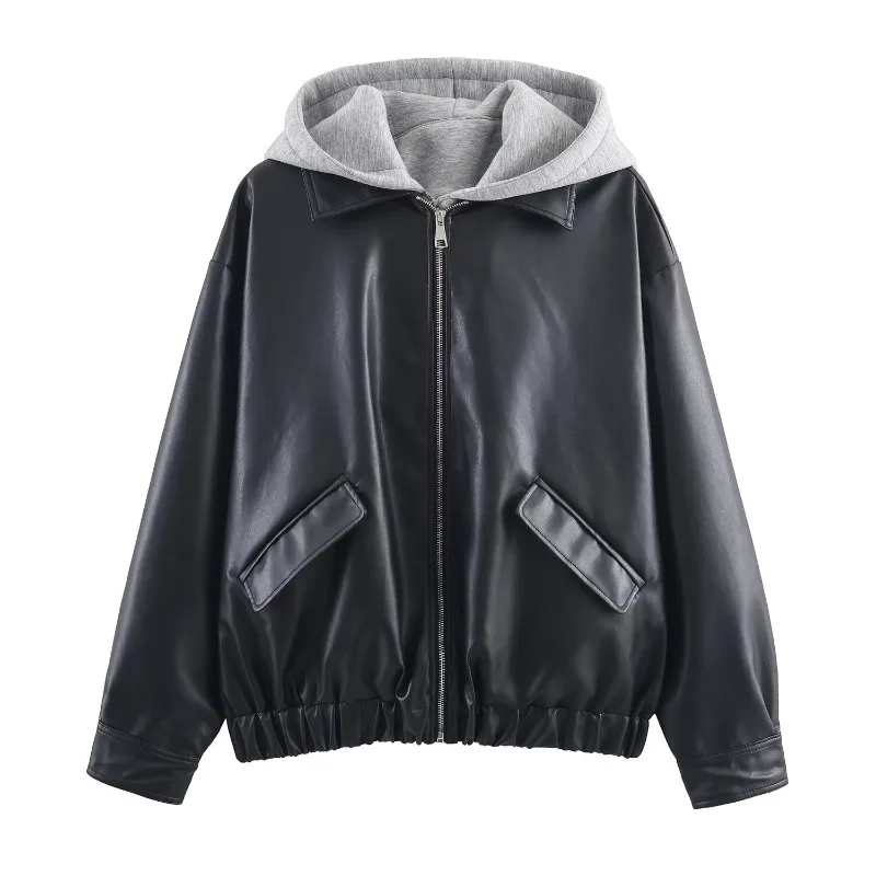 2026 PU Leather Jacket Women Fashion Hooded Loose Sweatshirts Korean Spring Autumn Zipper Hip-hop Motorcycle Outerwear Coat Y2k