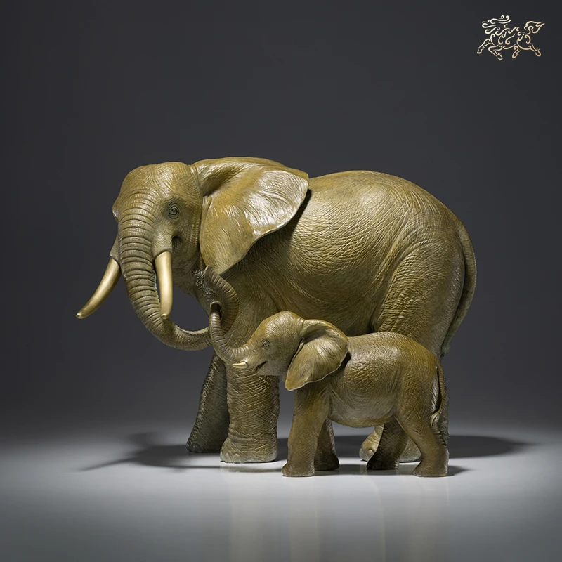 

A PAIR Limited Edition TOP Original lucky Mother child elephant bronze Sculpture home office business animal art Ornament