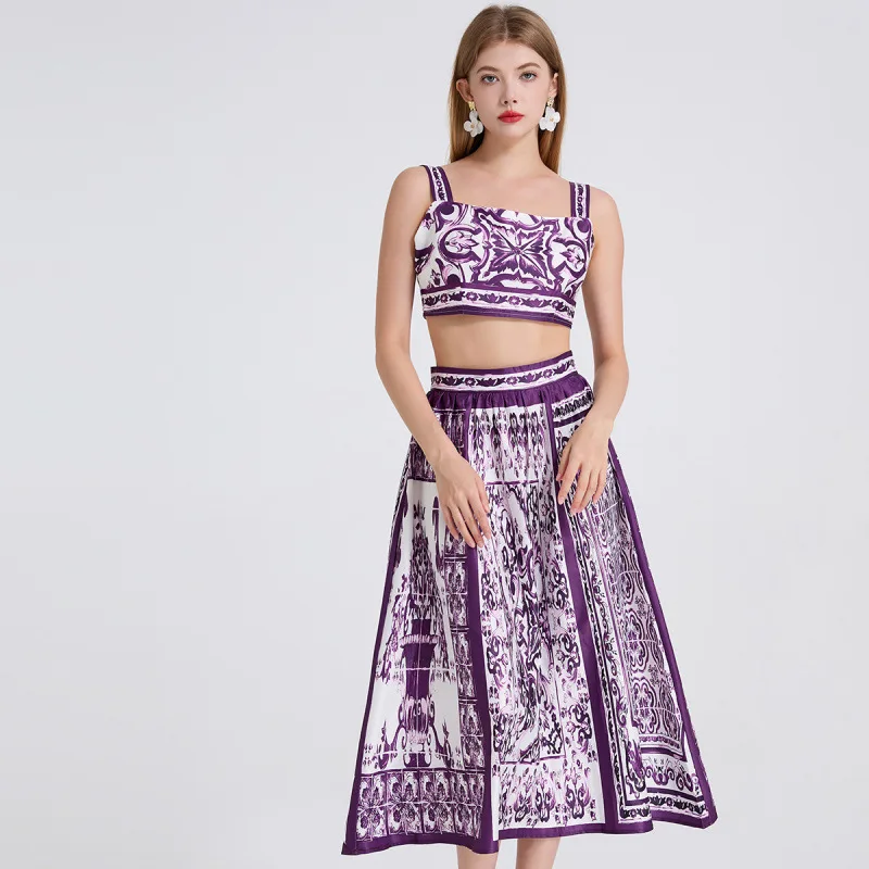 Zomer hoge taille bedrukt blauw en wit porselein ter vest en rok set dames gebreid verdikte polyester Dr