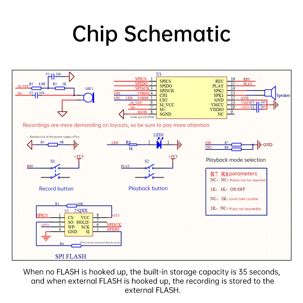 CHR11M DC 2-5,2V 35-Sekunden-Tasten-Aufnahmemodul Spielzeug-Aufnahmebox Unterstützt Externes FLASH 2-Positionen-DIP-Schalter – Detail 6