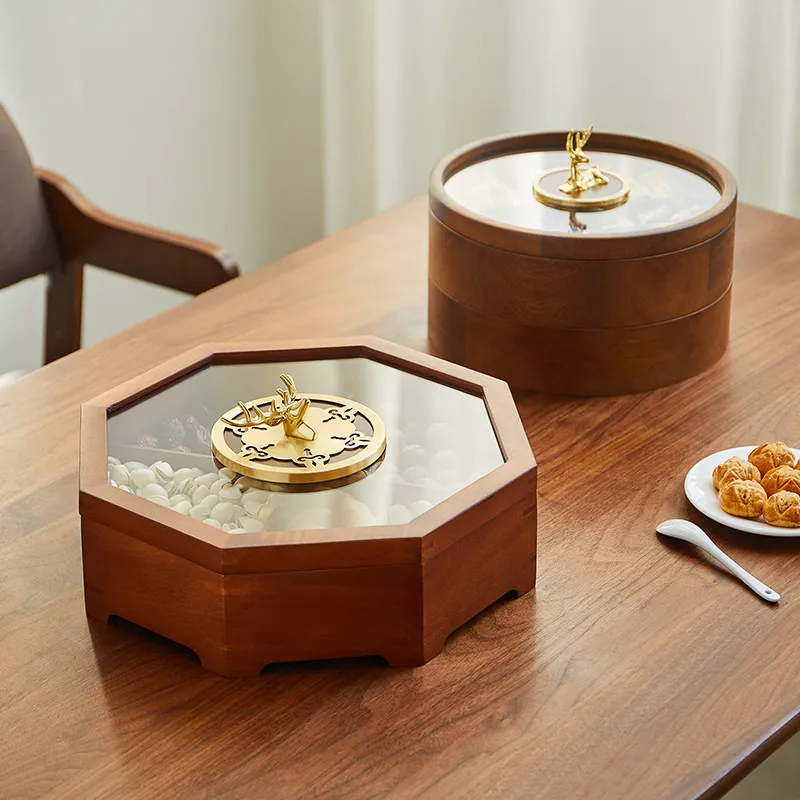 Solid wood candy and dried fruit box, household snack tray, multi-layered compartments, airtight.