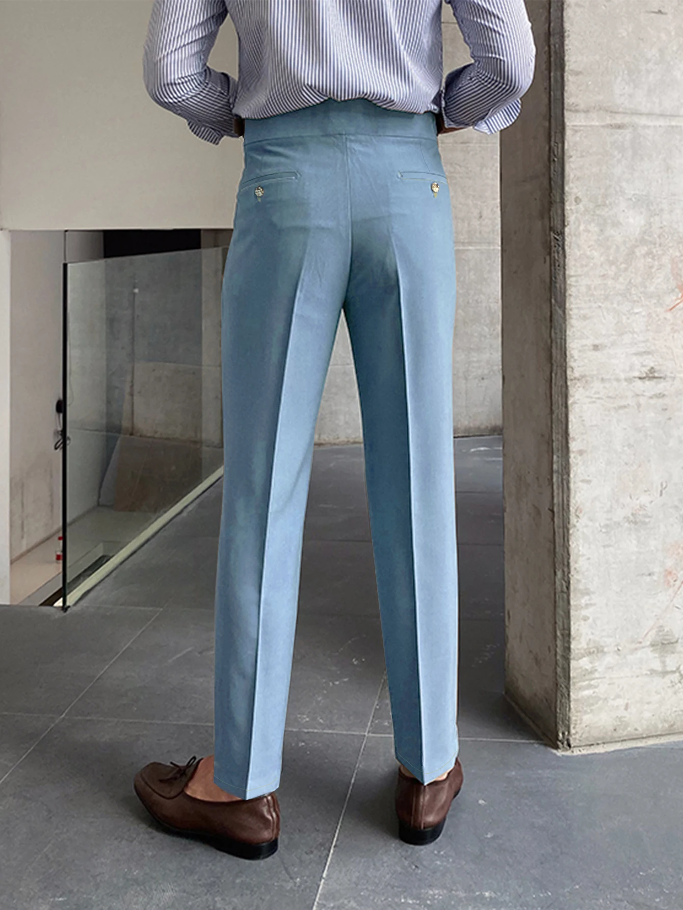 Men Neapolitan Style Pleated High Waist Straight Dress Pants, New Fall Winter Elegant Light Business Contrast Stitching Button T