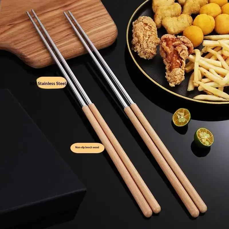 Easy to Store 304 Stainless Steel Chopsticks Non-scald Wooden Handle Extra Long 1 Pair for Home Kitchen Outdoor Camping Picnic