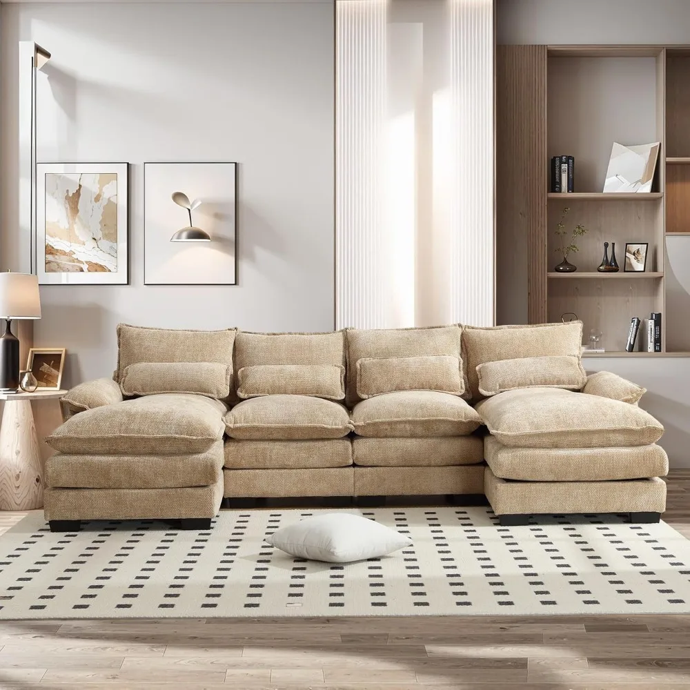 U-förmiges Sofagarnitur, Cloud-Couch, modernes, bequemes, modulares Chenille-Sofa, 4-Sitzer-Polster-Schlafsofa mit doppelter Chaiselongue, Sofa