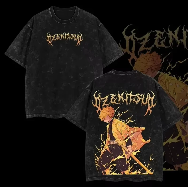 

Anime Demon Killer Graphic T-Shirt Zenitsu Printed Washed Oversized T-Shirt Male Vintage Couple Streetwear
