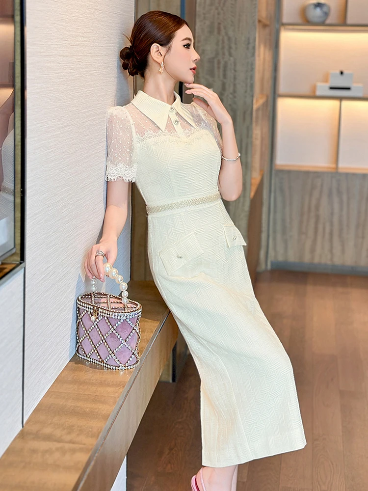 ملابس حريمي وهمية 2 قطعة الدانتيل شير مثير كم قصير سليم ميدي فستان رصاص أنيق سيدة موضة Vestidos مناسبة رسمية جديد