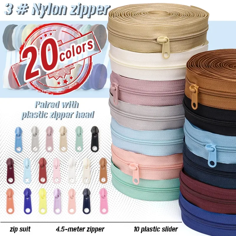 1 group = 4.5m zipper + 10 plastic zipper heads, 20 colors optional, home sewing DIY replacement zipper