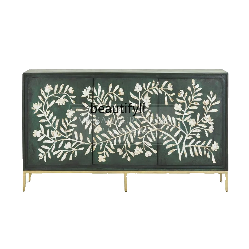 

French retro green entry living room entrance cabinet American hand-painted decorative cabinet Solid wood dining side locker