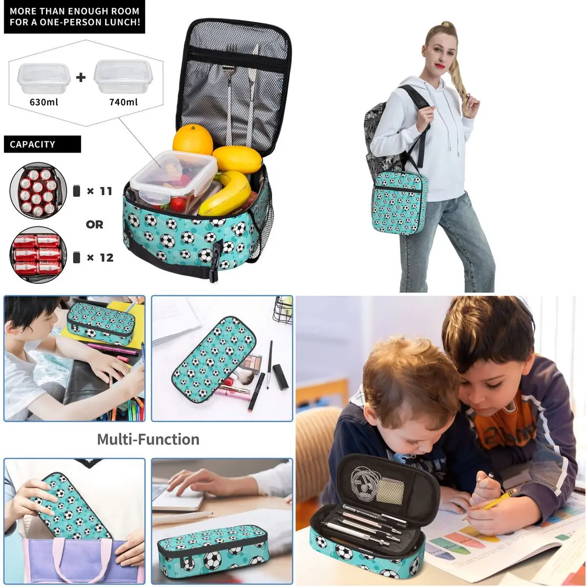 Soccer Ball And Goal Teal Pattern - Teal Soccer Backpacks Bookbag Children School Bag Rucksack Lunch Bag Pen Bag Three-Piece Set