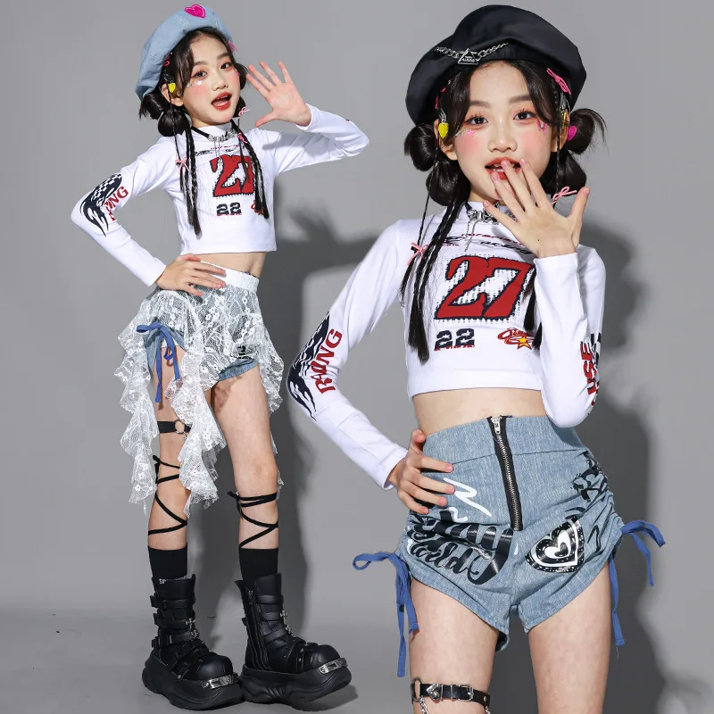 Kpop Dance Clothes Girls Jazz Stage Show Performance Outfit White Crop Top Denim Shorts Kid Runways Fashion Suit