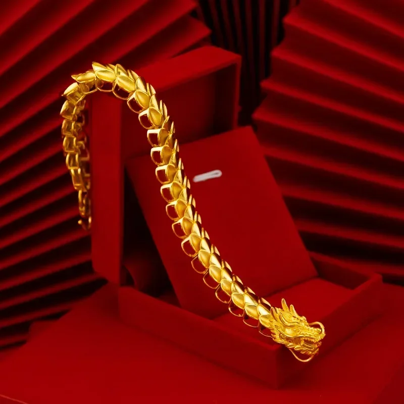 GoldEclat   24K Yellow Gold 9999 Real 5D Precision Dragon Bone Bracelet for Men, with Dragon Head