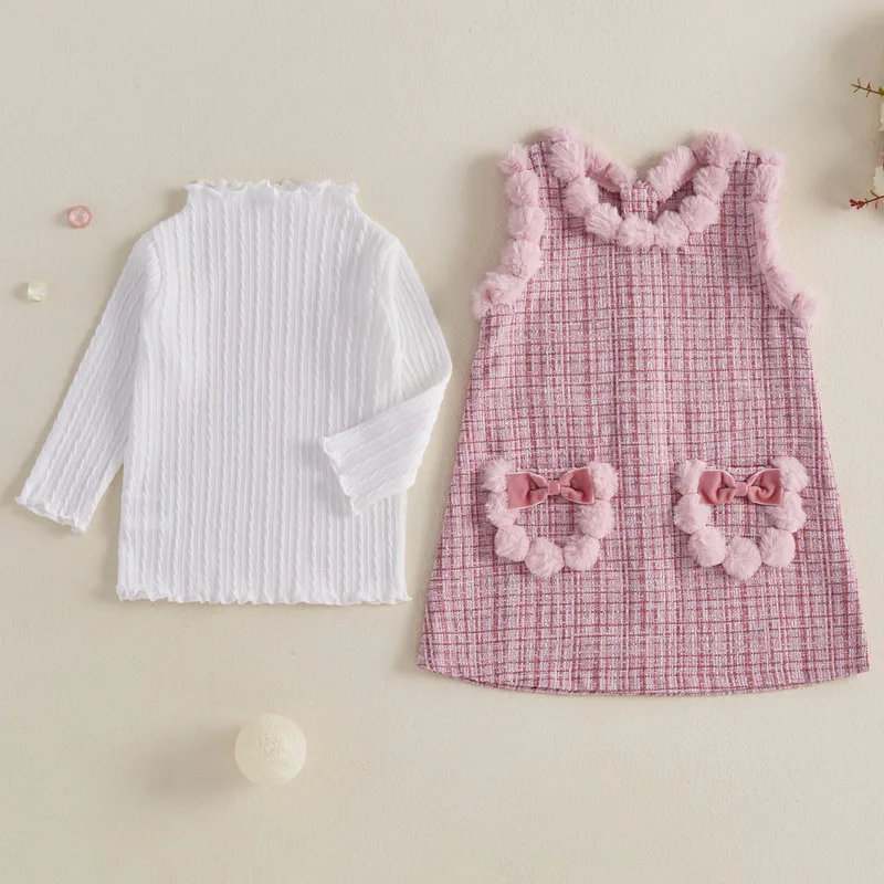 RUEWEY 18 Months to 7 Years Kids Girl Dress Sets Spring Autumn Clothes Solid Color Mock Neck Long Sleeve Tops and Dress