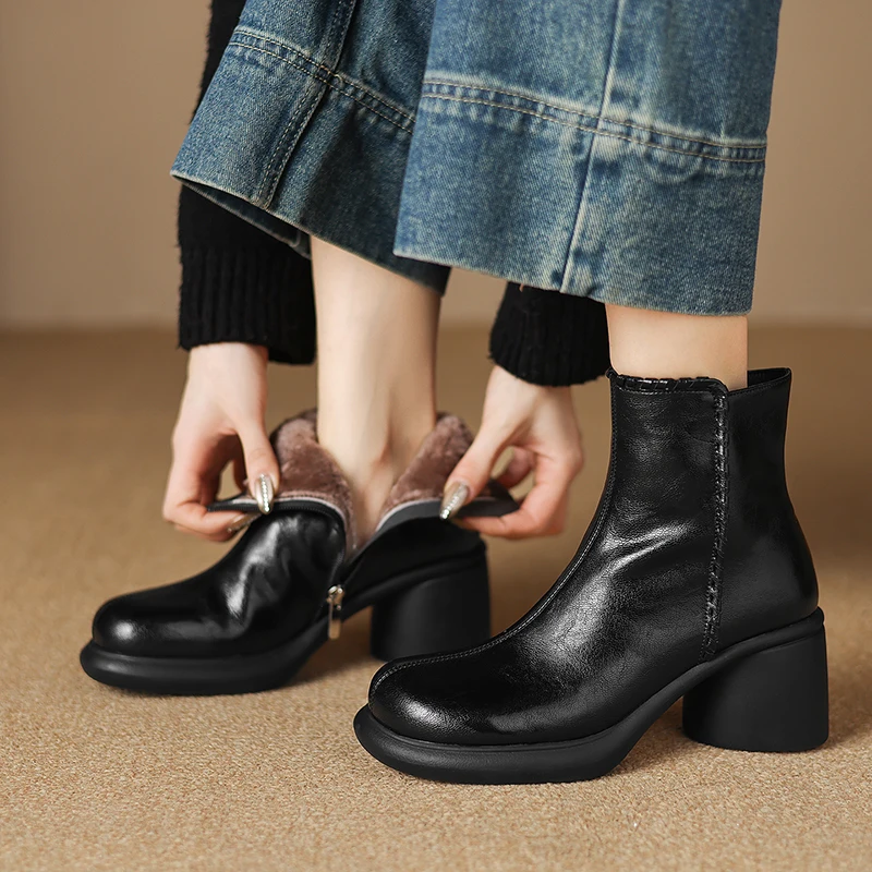 2026 new autumn winter women ankle boots natural leather plus size 22-25cm split leather+wool side zip thick heel short boots