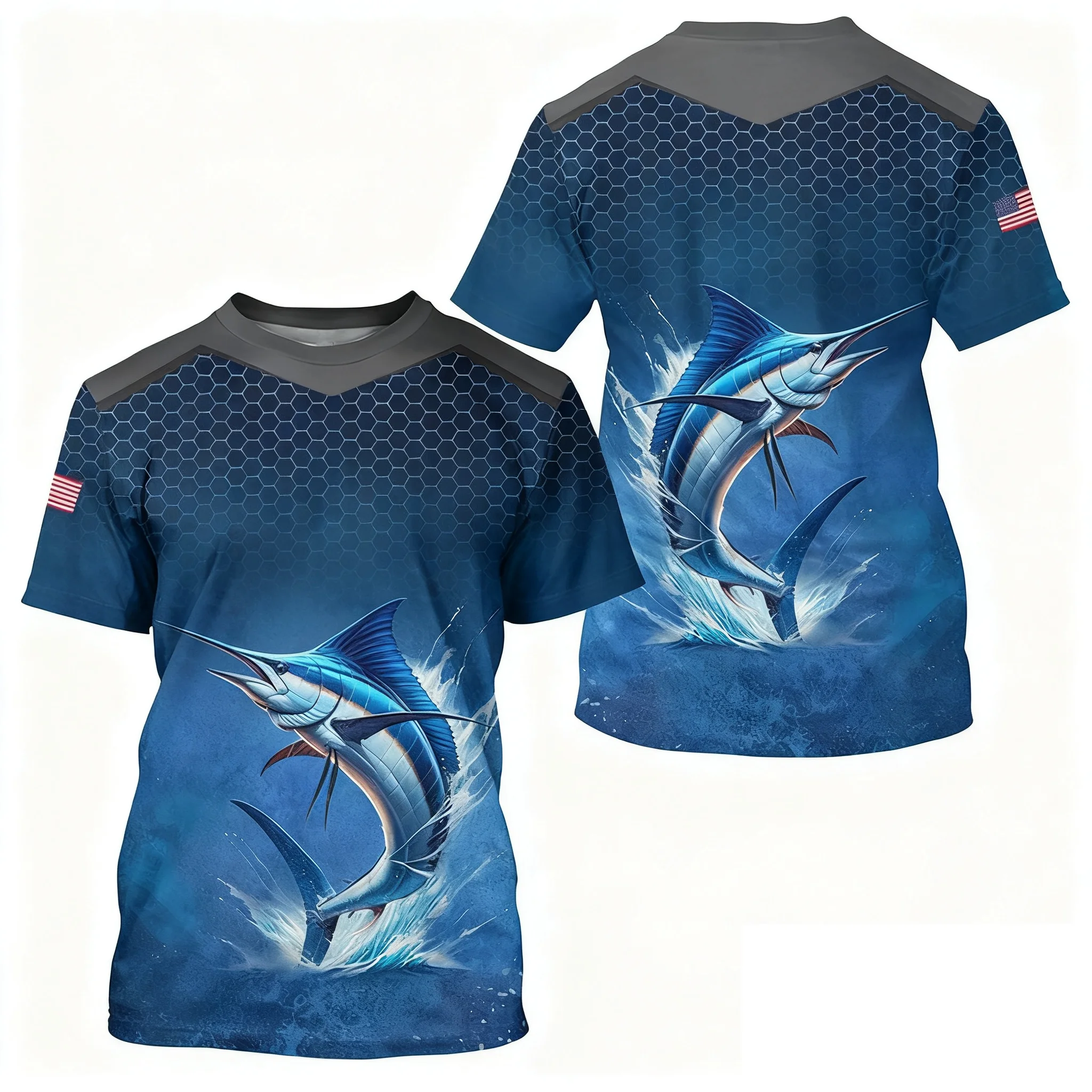 Camisa de pesca de manga larga con diseño de atún y bandera azul, camisa protectora de campeonato, secado rápido, absorbente de sudor, cómodo coágulo de pesca deportiva
