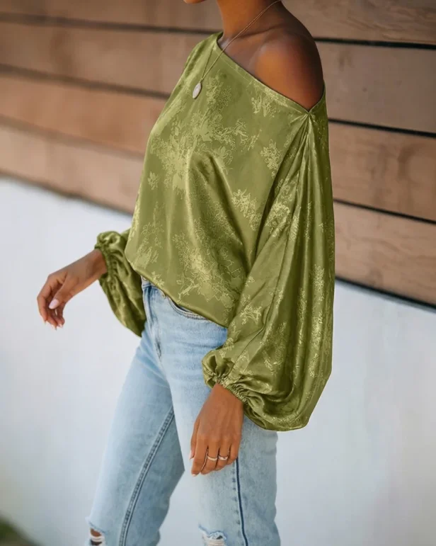 Damen-Satin-Jacquard-Oberteil mit gekerbtem Revers, lockerem Vintage-Schnitt und Laternenärmeln – Detail 3