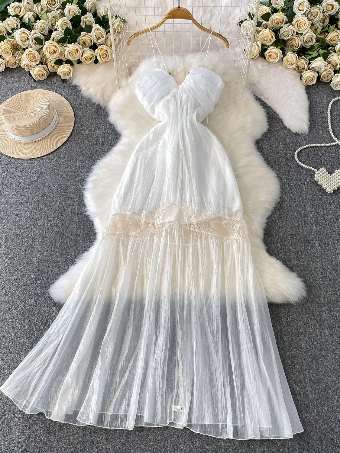 

Pure Desire Strapl V-Ne Gown Fairy Folds High Waist Me Splicing Long Dr Bal Chest Pad A-Line Silhouette No Sve