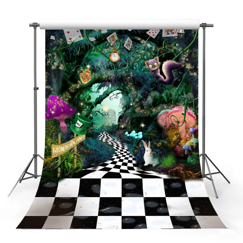 Alice in Wonderland Checkerboard Backdrop Happy Girl Baby Shower Birthday Cartoon Romantic Disney Decoration Backgrounds Banner