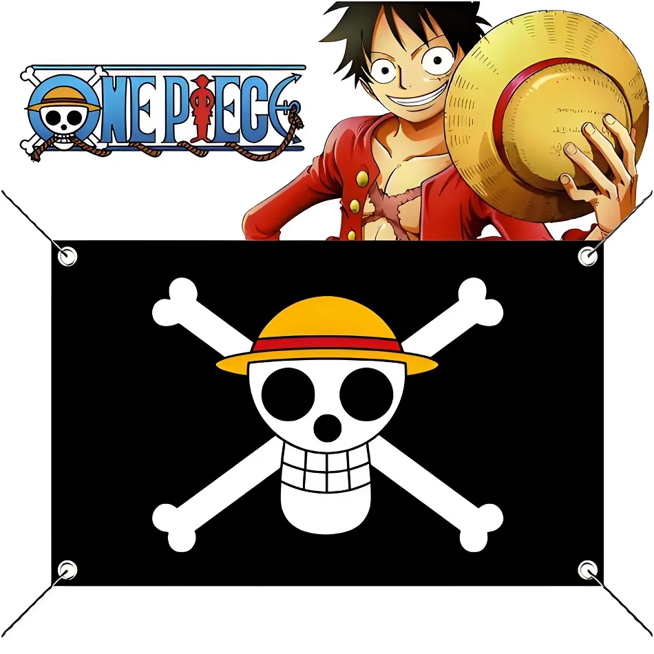 Neue One Piece 90*150CM Polyester Monkey D. Luffy Totenkopf-Flagge, Wanddekoration, One Piece Strohhut-Piraten Trompetenbanner-Flagge, Geschenk