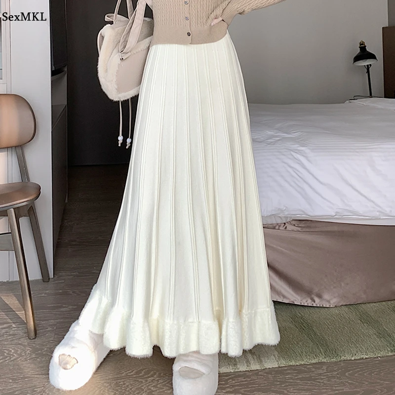 

Thick Winter Knitted Long Skirts Women Elegant High Waist A Line Oversized Faldas Woman Y2k Clothes Casual Harajuku Black Skirt