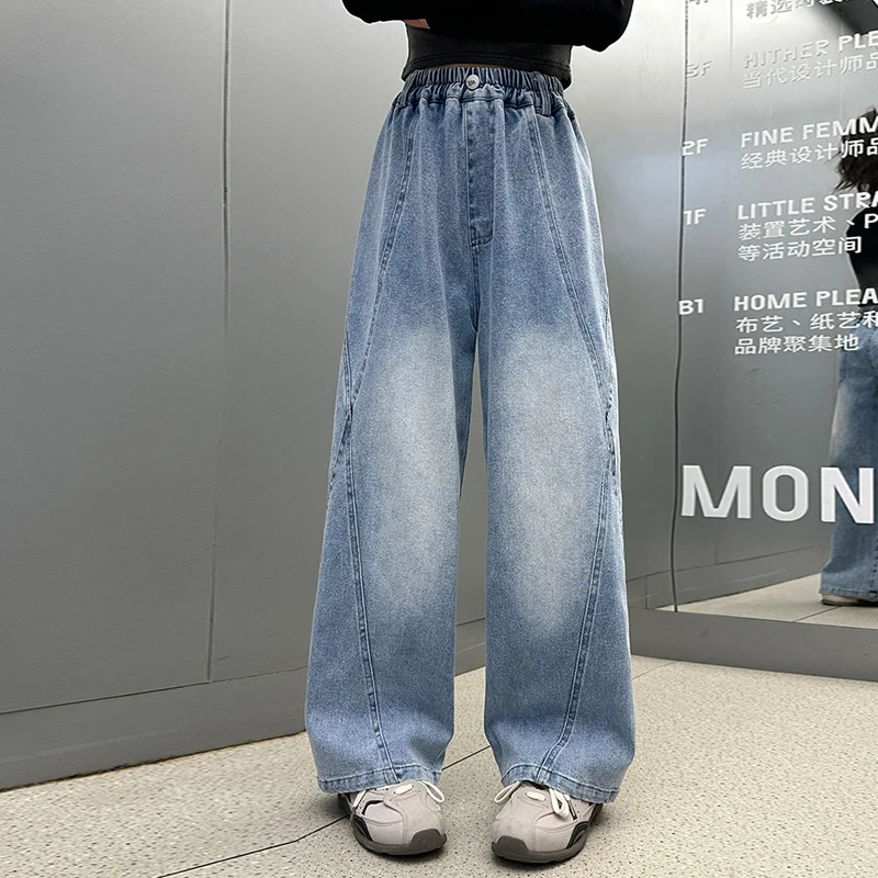 

Kids Retro Patchwork Jeans for Girls Casual Blue Washed Denim y2k Pants Children Spring Autumn Streetwear Jeans Trousers 5-14 T