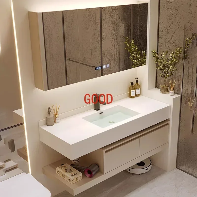 Luxury Cream Style Hotel Bathroom Cabinet Combination Rock Plate Seamless Basin Bathroom Toilet Gabinete Furniture