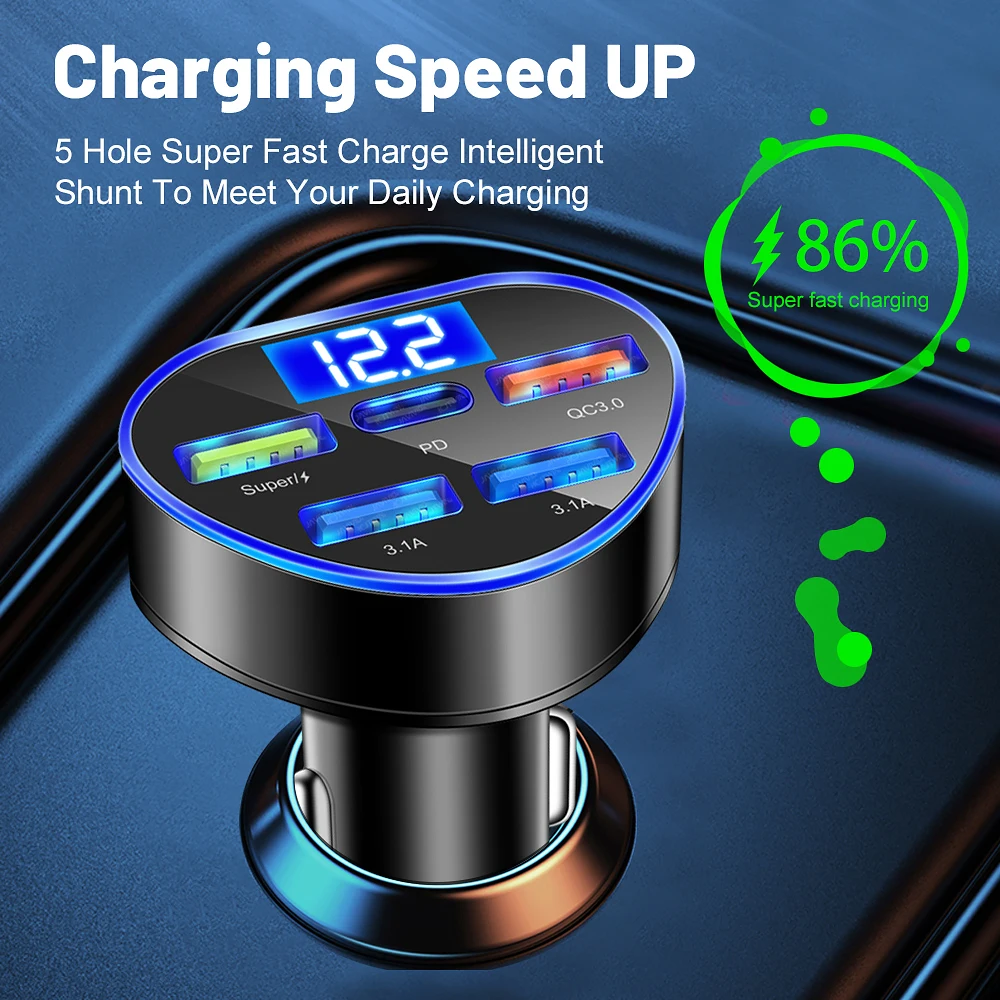 66W Universal USB Type Power Adapter Quick Charge 3.0 Car Cigarette Lighter Charger QC3.0 5 Port Phone Charger Socket DC 12V/24V