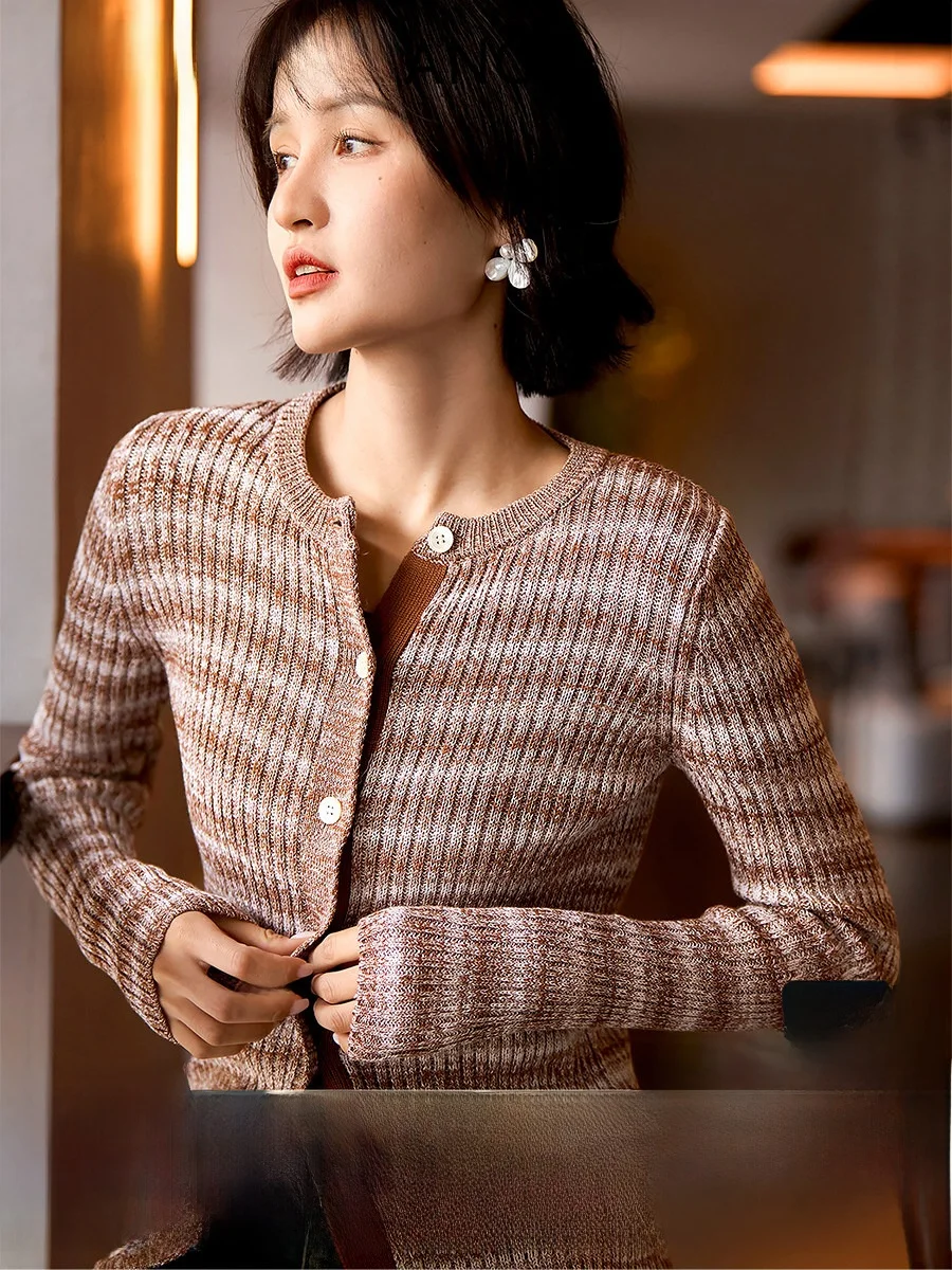 

Slimming Gradient Stripe Knitted Cardigan Women's Fashion Soft Cotton Casual Spring Summer Open Front Knitwear by Xhange