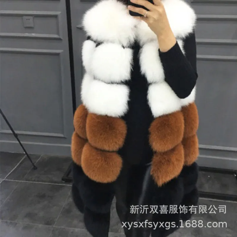 Faux Fox Fur Vest Coat Women Long Sleeveless Jacket Spliced Color Blocked Open Stitch Straight Thick Casual Elegant 2025 Winter