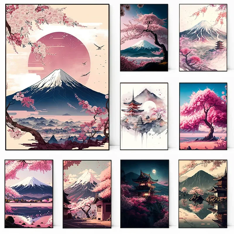 Japanese Cherry Blossom Fuji Mountain Sunset Tokyo Scenery Poster HD Printed Canvas Painting Wall Art Pictures Home Decor