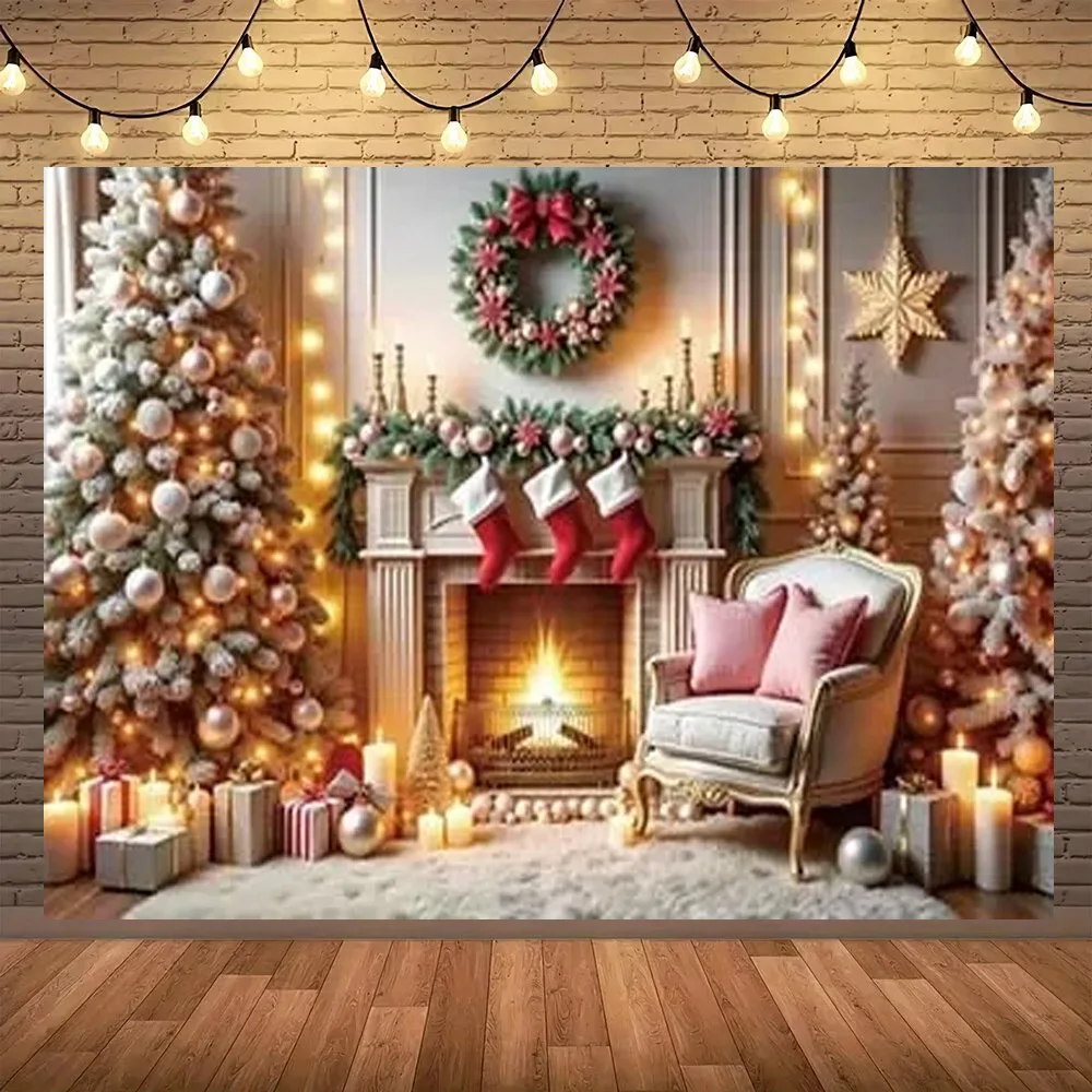 

Merry Christmas Fireplace Carpet Sofa Photo Wall Decoration Banner Photography Background Children's Home Photography Background