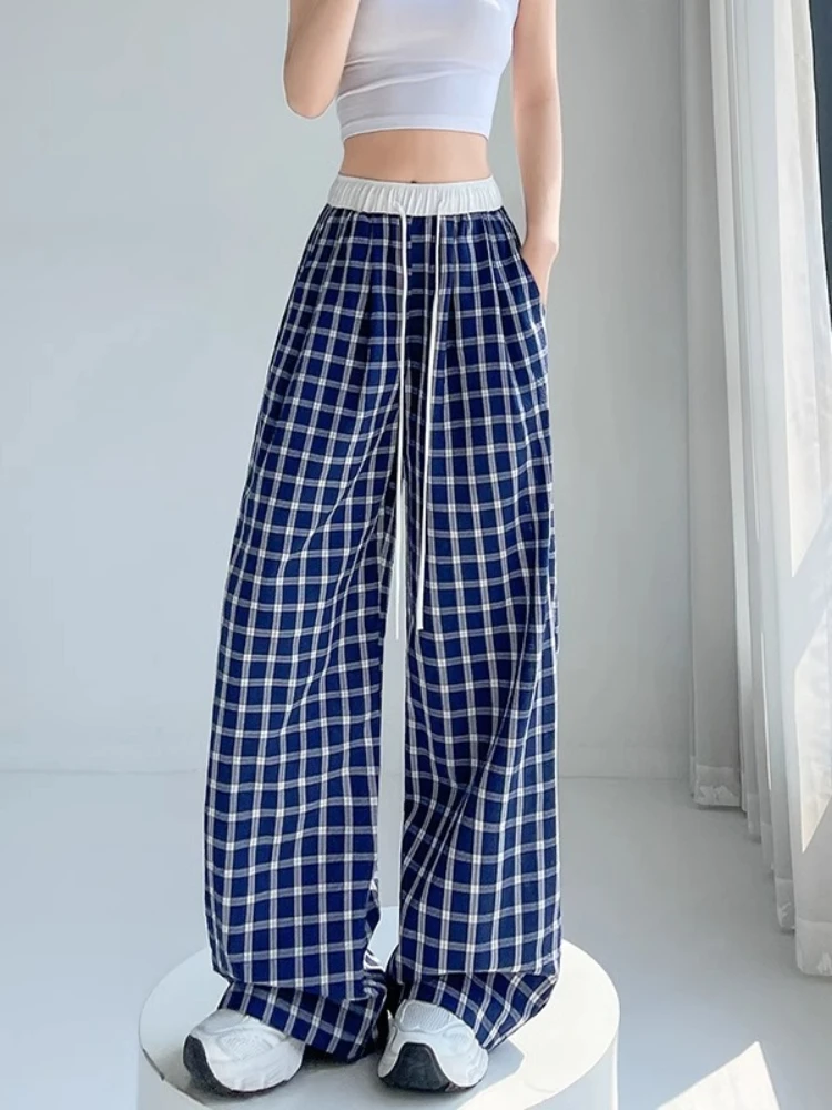 

Cotton Linen Pink checkered casual pants for women summer thin ice cotton linen pants high waist drape feeling wide leg pants