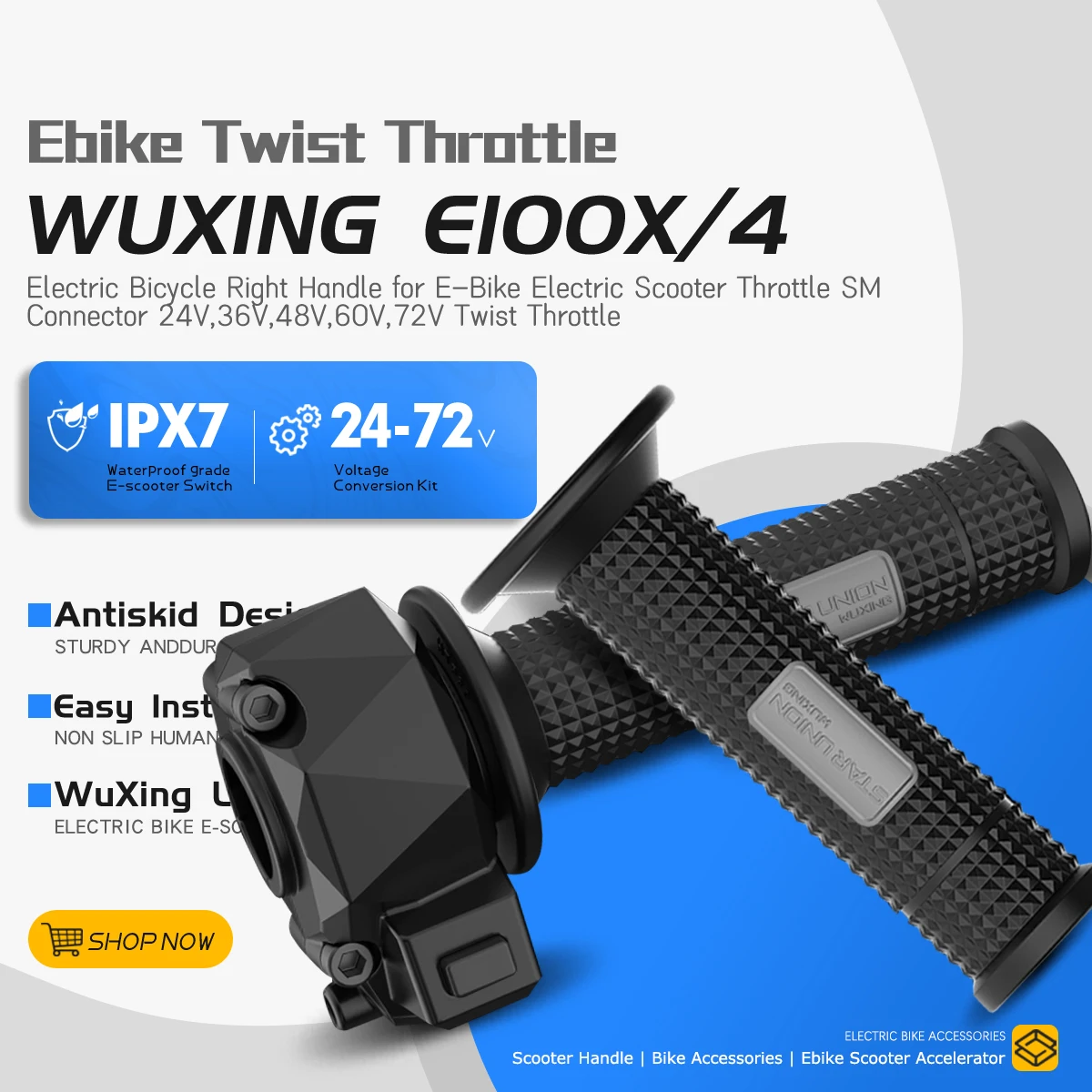 

WUXING E100X/4 Full Twist Throttle E-Bike Right Handle Throttle 24V 36V 48V 60V 72V 3pin SM Connector for Ebike or Escooter ﻿