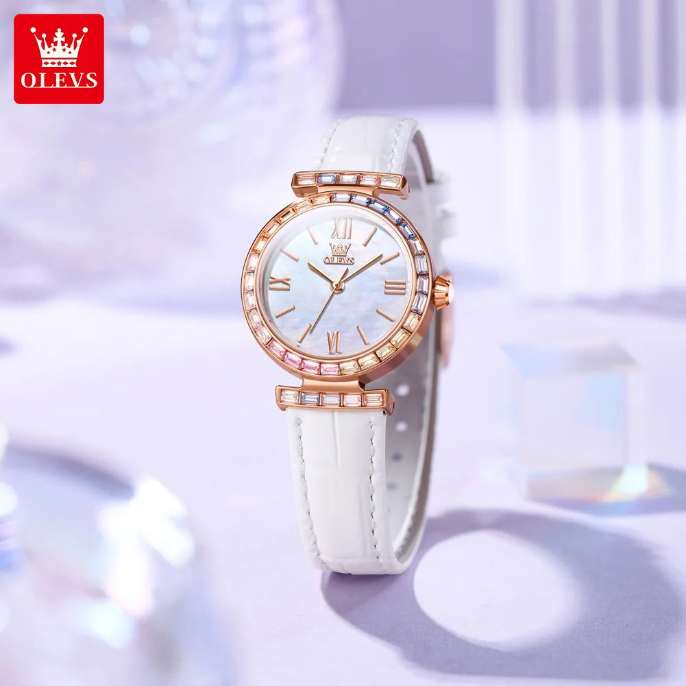 OLEVS-Montre à quartz en diamant pour femme, montre habillée en cuir étanche, marque de luxe, nouvelle mode