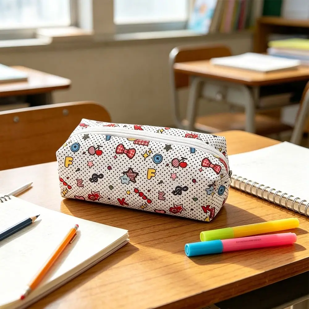 Durable Cartoon Printed Pencil Case Large Capacity Portable Pencil Pouch Zipper Stationery Bag Students