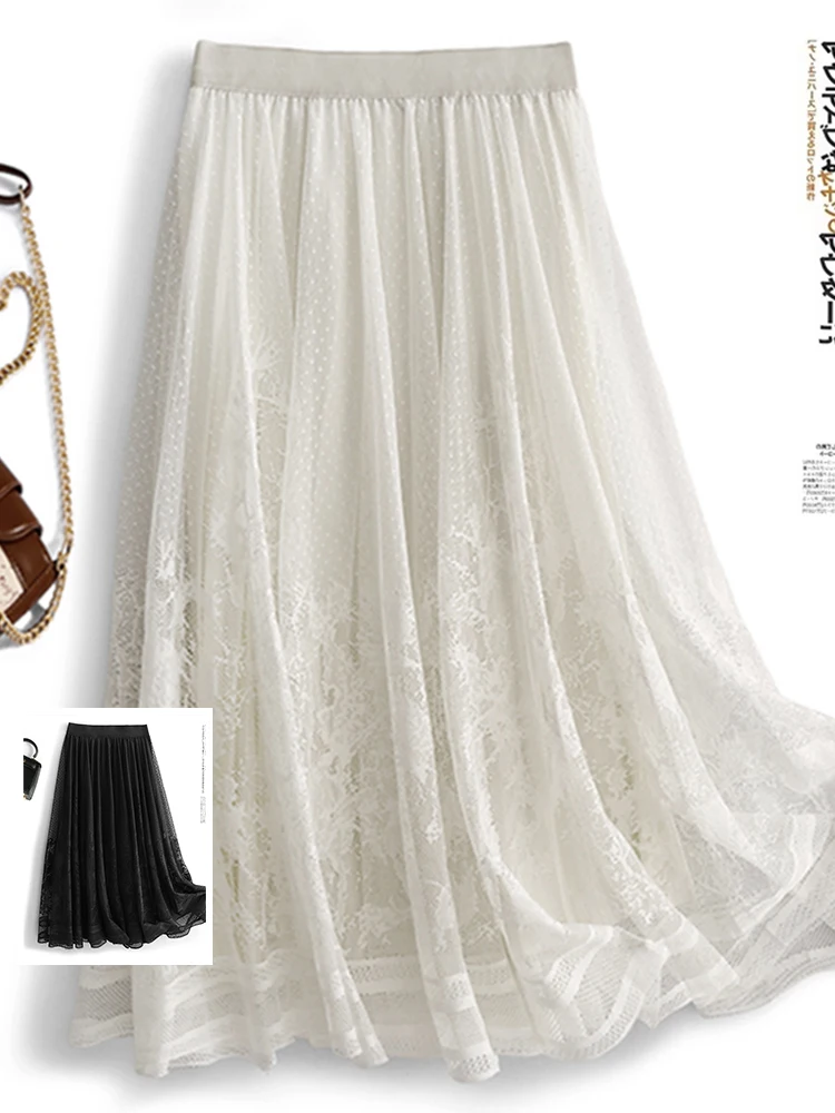 

High Waist A-Line Skirt Lace Patchwork Pleated Two-Way Wear plus Size Women's Faion Slimming Long Skirts Casual Summer