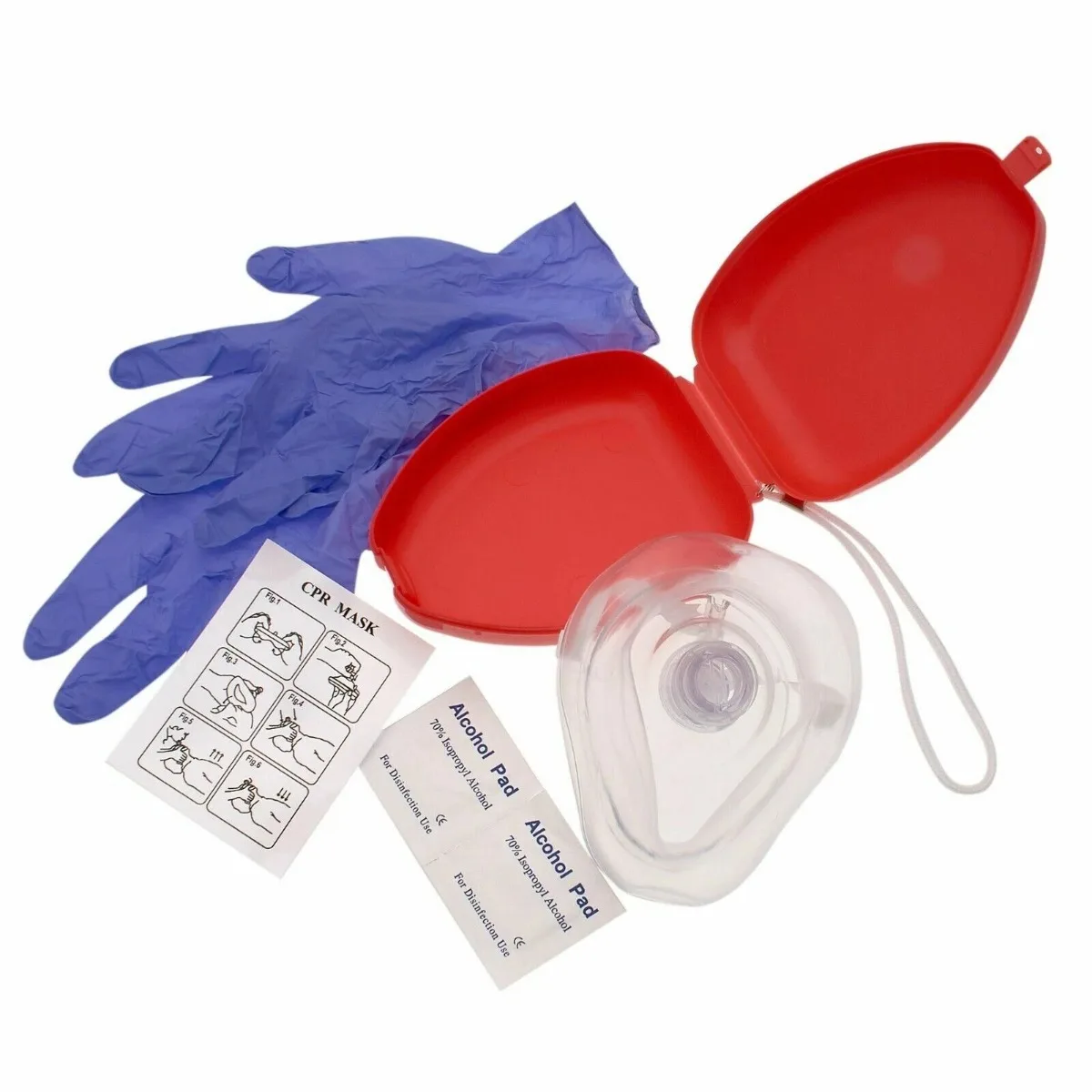 Kit Masker CPR Profesional untuk Dewasa dan Bayi dengan 2 Katup, Sarung Tangan Vinyl, Bantalan Alkohol, Resusitator, Kotak Keras, Tali Pergelangan Tangan