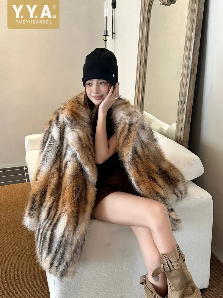 winter Lady Loose Fit Pattern Faux Fox Fur Jacket Outerwear High Quality Party Coat Fashion Long Sleeve Women Mid Length Coats