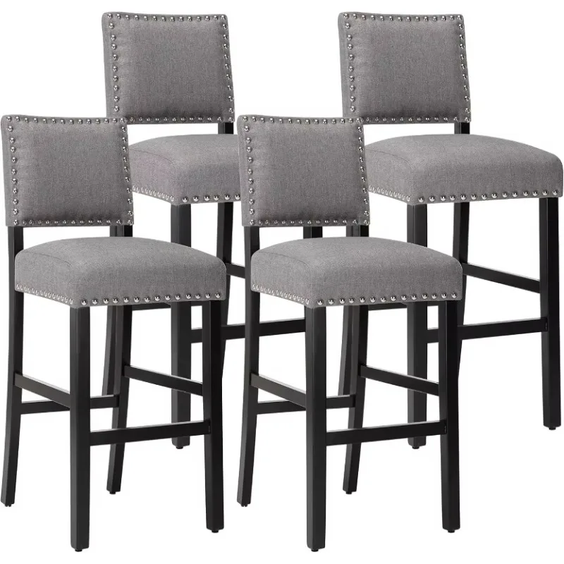 Bar Stools for Kitchen Island Gray Fabric 29 inches Barstools with Nailhead Trim Bar Chairs for Dining Room,Set of 4