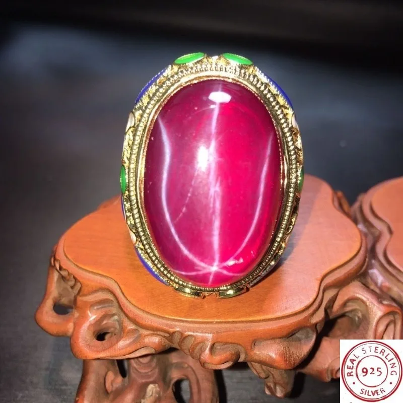 

925 Tibetan Silver Cloisonne Ring, Inlaid Natural Star Ruby, Ethnic Vintage Style, Adjustable Open Band, Unisex Fashion Jewelry