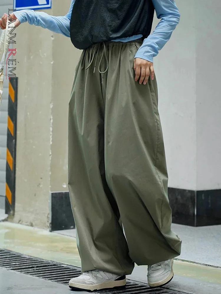 

[LANMREM] Vintage Drawstring Pants For Women High Waist Straight Loose Wide Leg Trousers Fashion Clothes 2024 Autumn New 26D5178