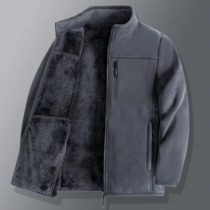 Winter Fleece Jackets Men Thick Warm Stand Collar Zipper Pockets Jacket Hiking Training Outwear Male Casual Loose Cargo Coats