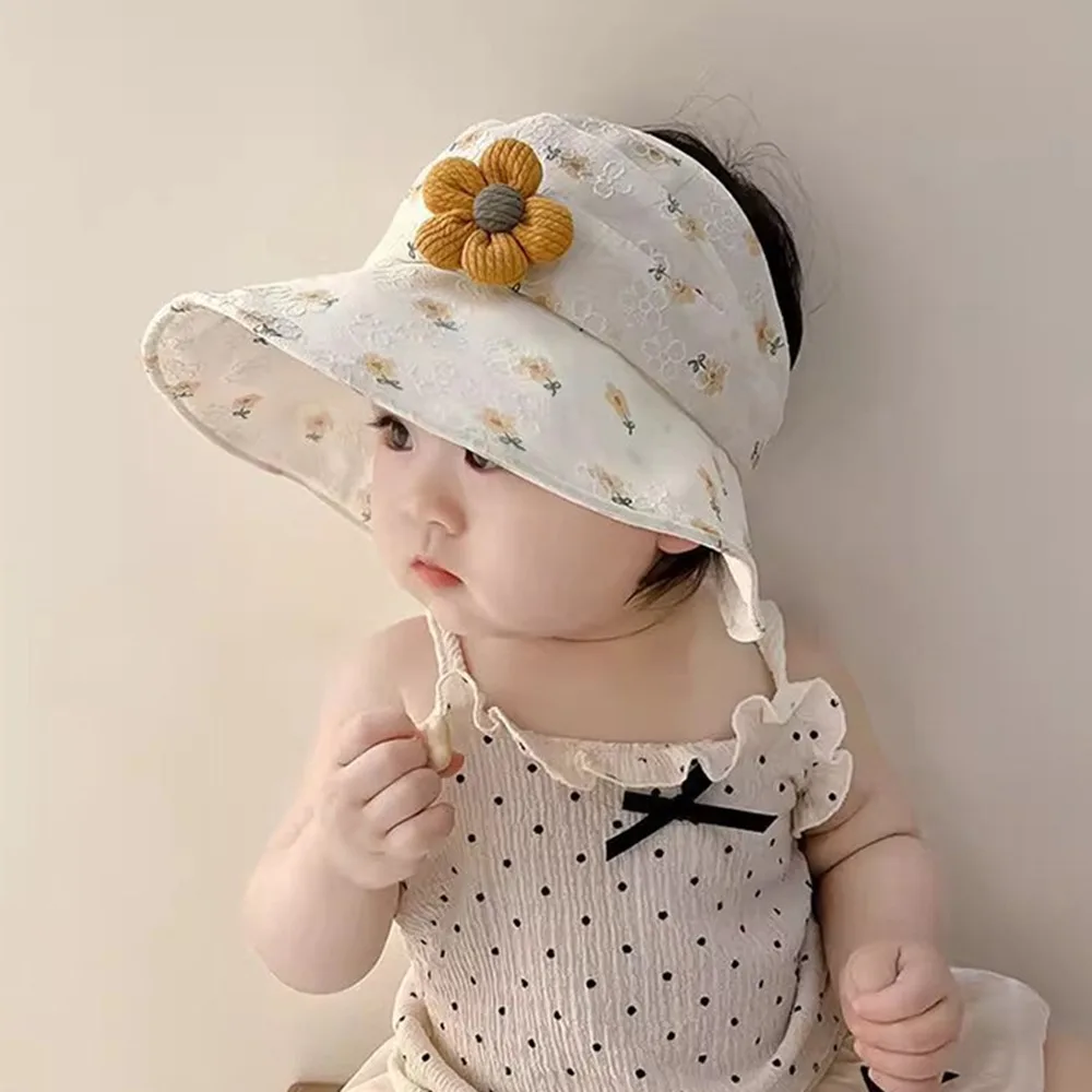 

Soft Korean Style Empty Top Kids Sunhat Cotton Breathable Baby Sun Shading Hat Flower Wide Brim Children's Fisherman Hat Kid