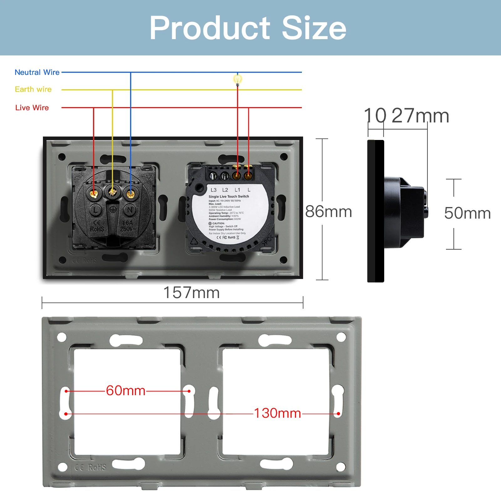 BSEED-Touch Light Switch com USB, Tomadas de parede da UE, Parede preta Led Switches, Cristal Azul Escuro Backlight, 1 Gang, 2 Gang, 3Gang, 1Way