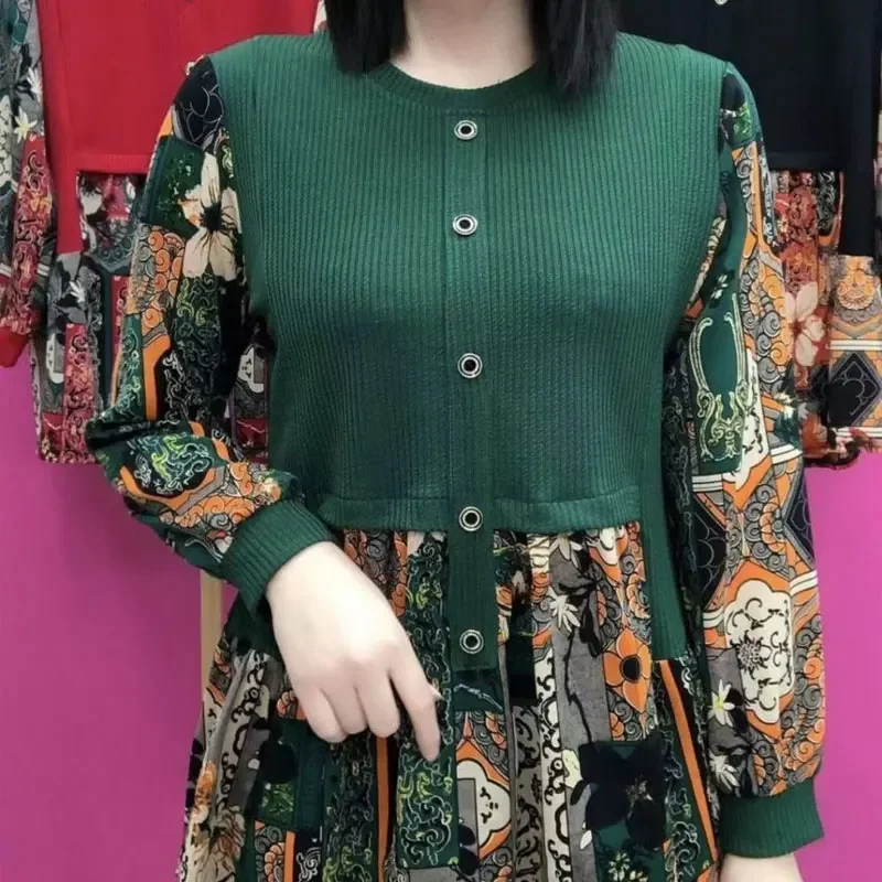 

Fake Two Pieces Spliced Blouse Women's Clothing Vintage Folk Printed Spring Autumn Casual O Neck Commute Long Sleeve Shirt N867
